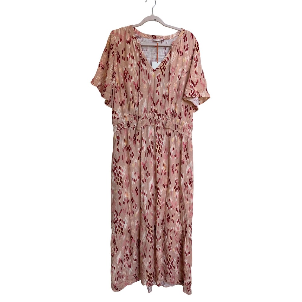 Knox Rose Pale Coral Ikat Print V-Neck Midi Dress NWT Boho Tassels Size XXL